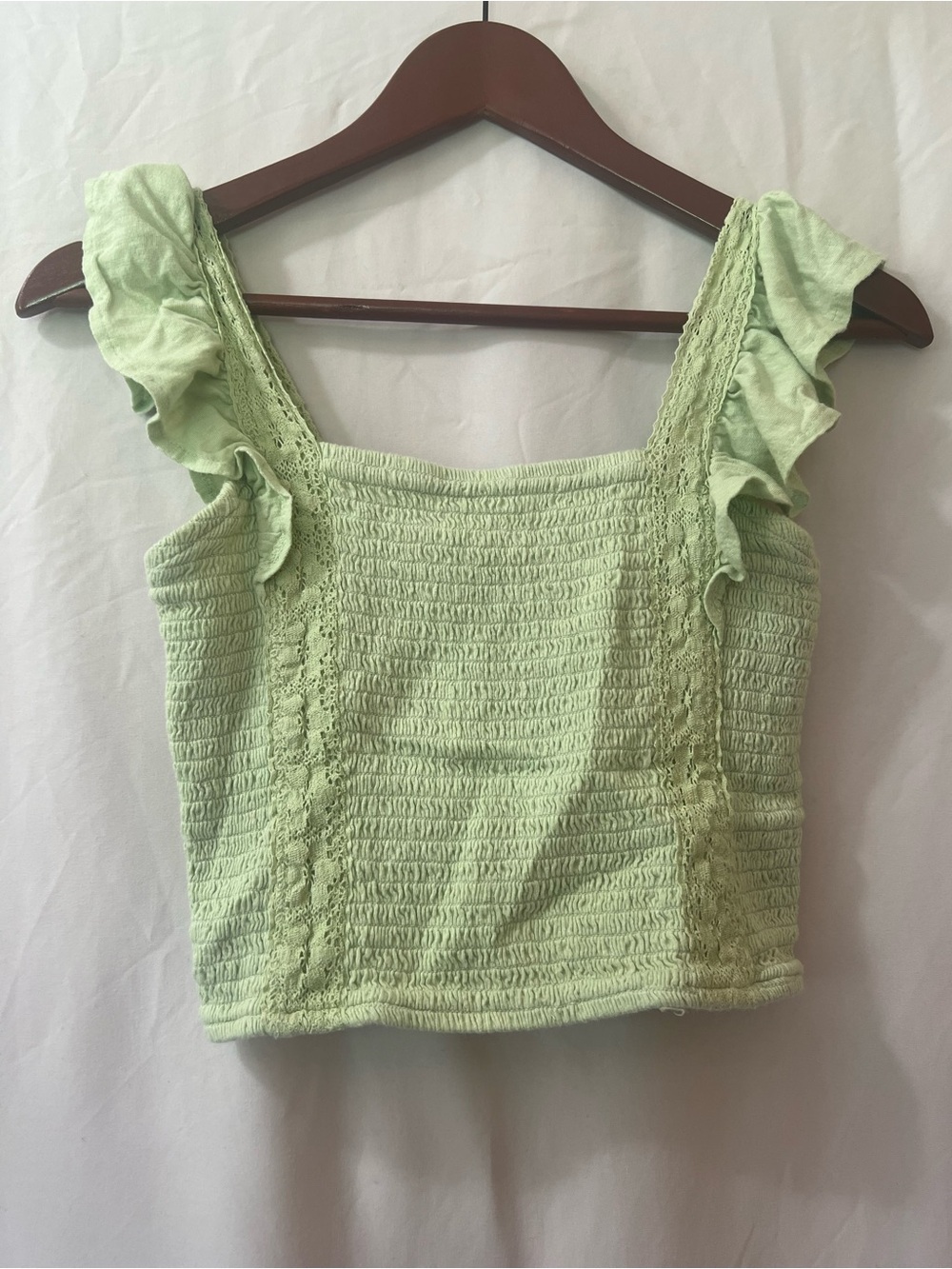 SO Light Green Smocked Ruffle Strap Crop Top